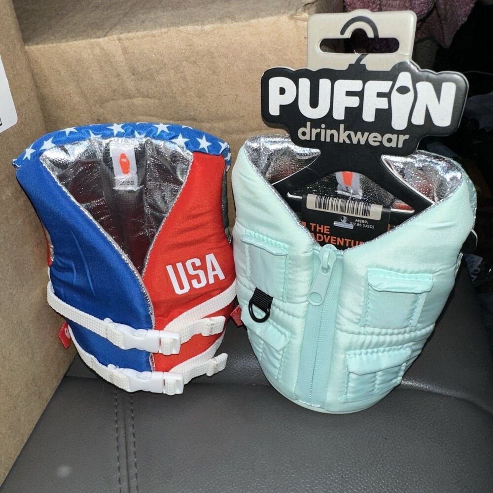 2 Puffin Adventurer Vest Insulated Drink Holder Coozie Koozie Mint & Liberty USA